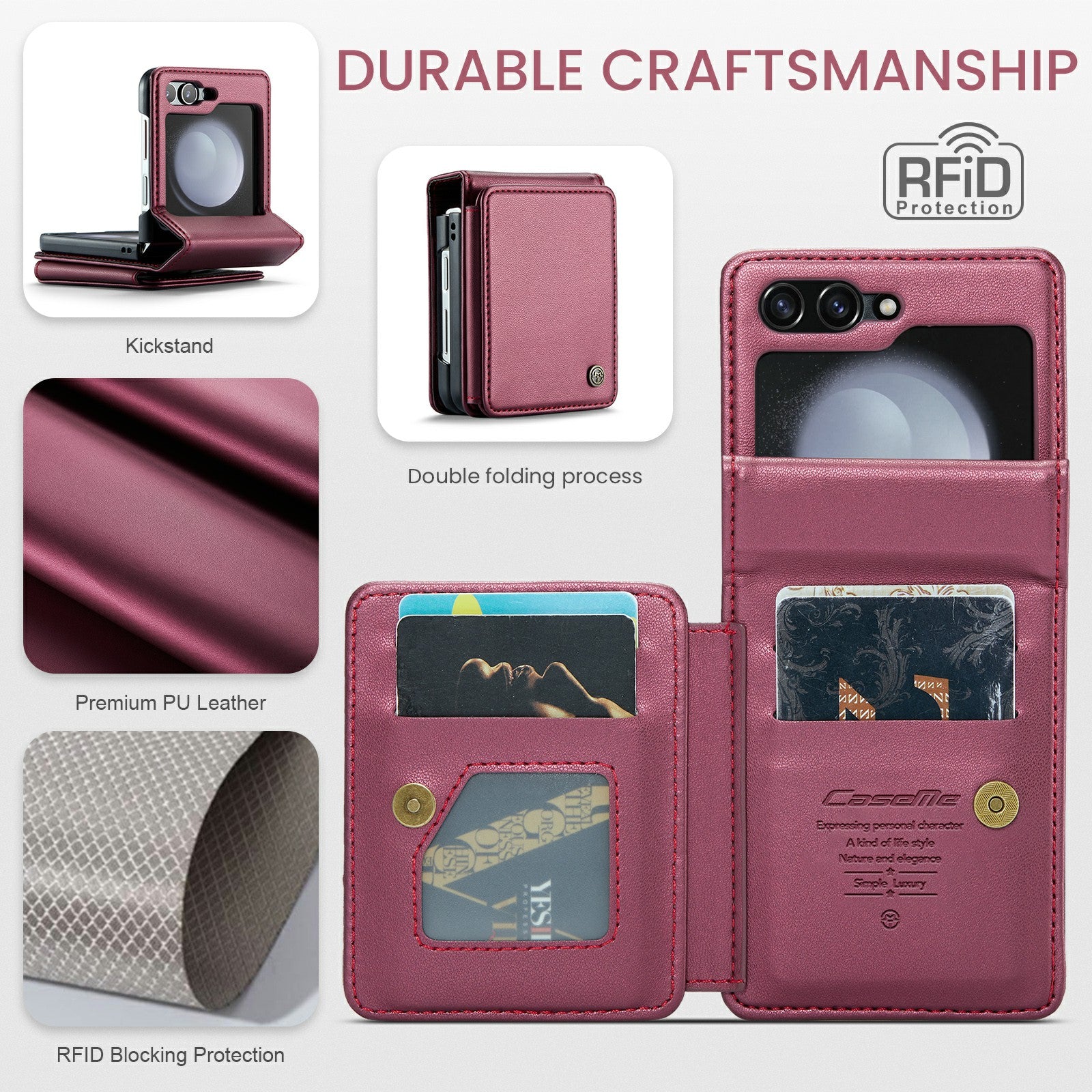 CASEME C22 Series for Samsung Galaxy Z Flip6 5G Case RFID Blocking Card Slot Leather Cover - Wine Red