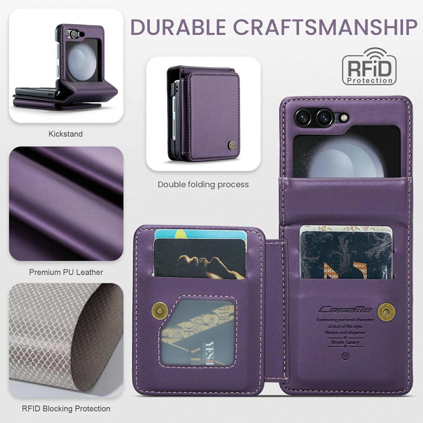 CASEME C22 Series for Samsung Galaxy Z Flip6 5G Case RFID Blocking Card Slot Leather Cover - Purple