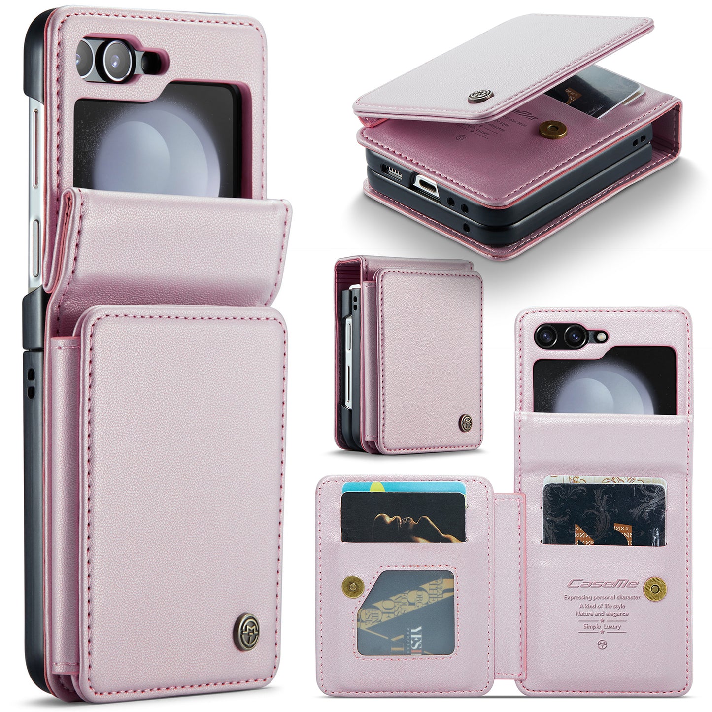 CASEME C22 Series for Samsung Galaxy Z Flip6 5G Case RFID Blocking Card Slot Leather Cover - Pink