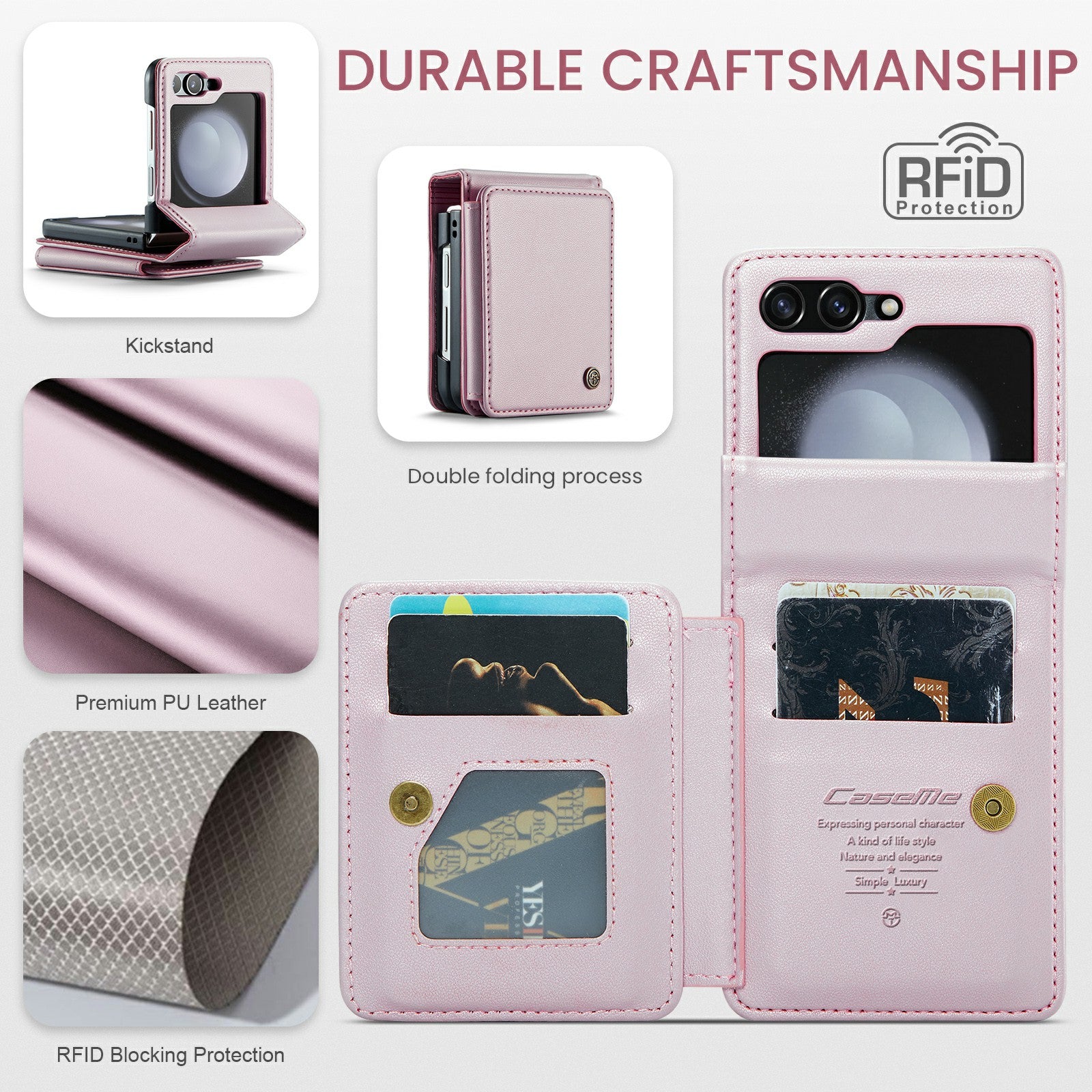 CASEME C22 Series for Samsung Galaxy Z Flip6 5G Case RFID Blocking Card Slot Leather Cover - Pink