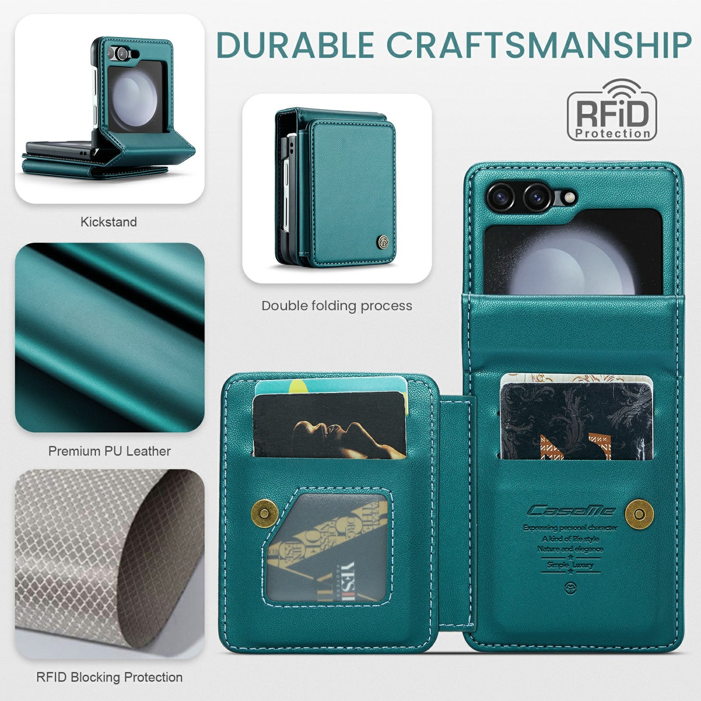 CASEME C22 Series for Samsung Galaxy Z Flip6 5G Case RFID Blocking Card Slot Leather Cover - Green