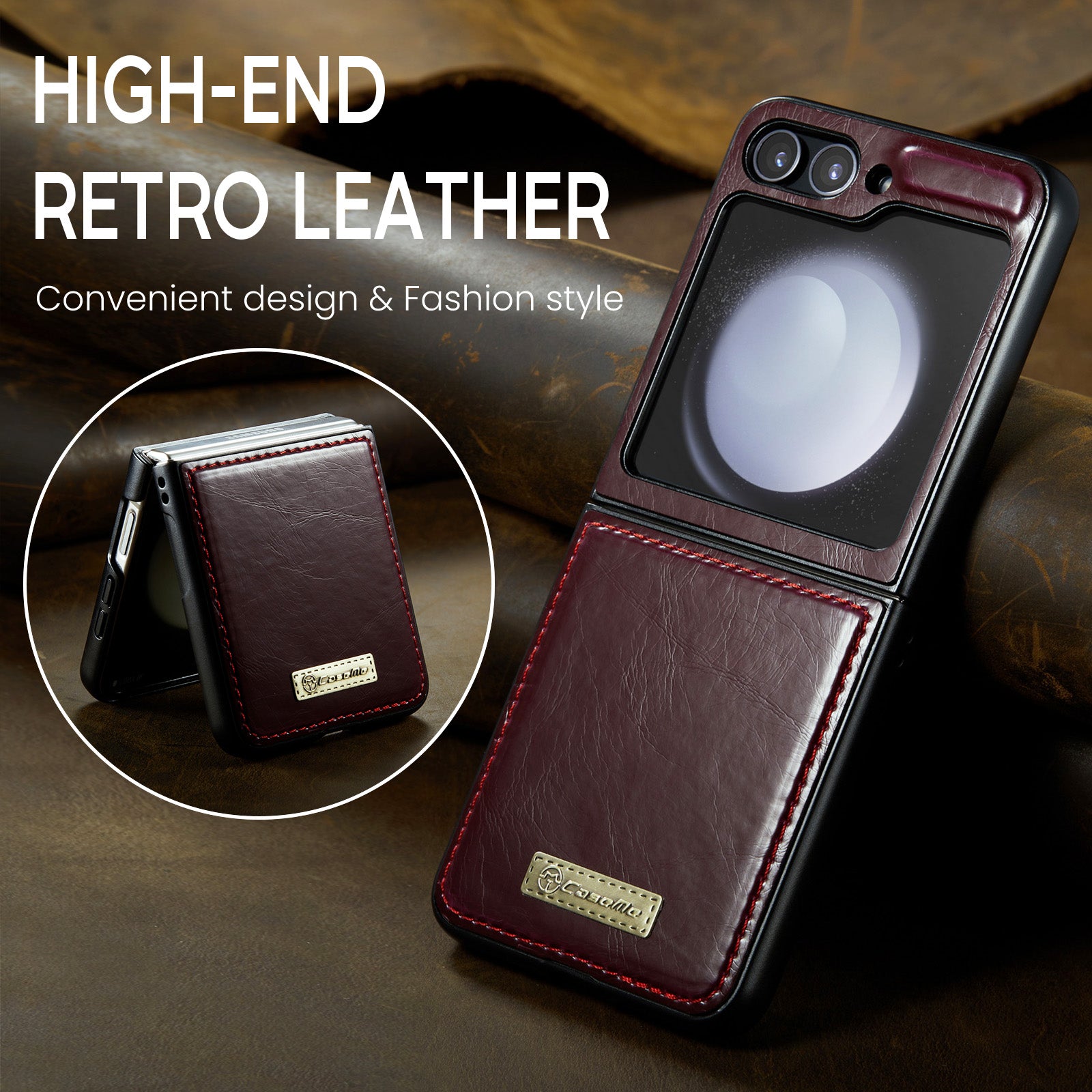 CASEME 003 Series For Samsung Galaxy Z Flip6 5G Case Leather Coated Hard PC Phone Cover - Wine Red