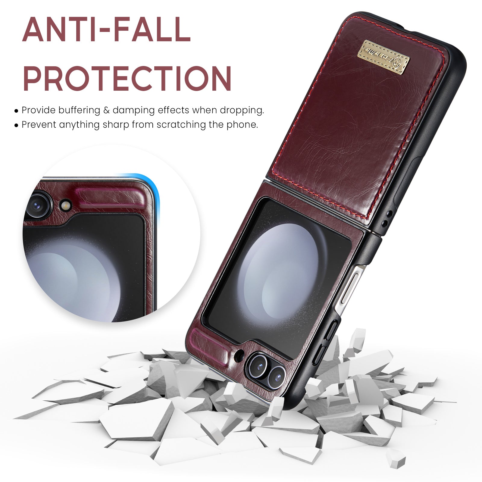 CASEME 003 Series For Samsung Galaxy Z Flip6 5G Case Leather Coated Hard PC Phone Cover - Wine Red