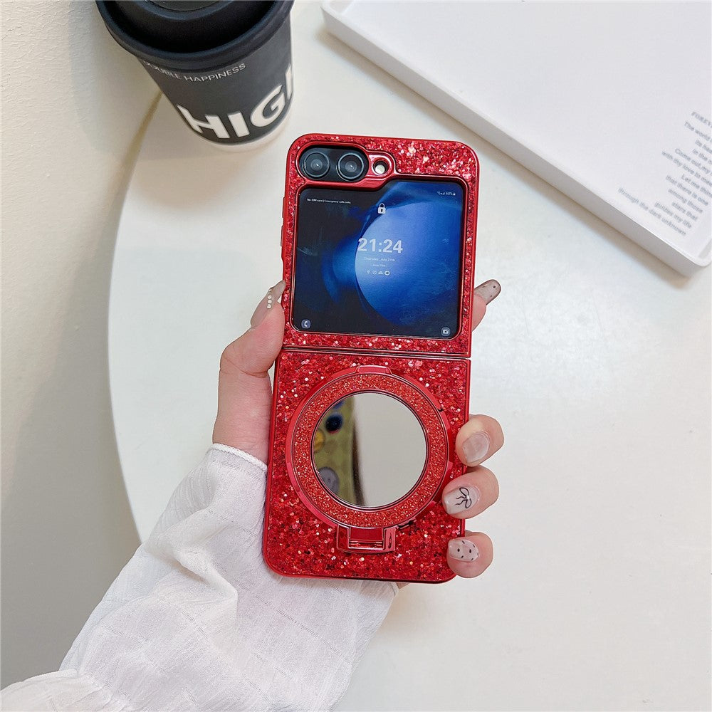 For Samsung Galaxy Z Flip7 FE 5G / Z Flip6 5G Case TPU+PC Kickstand Phone Cover with Mirror - Red