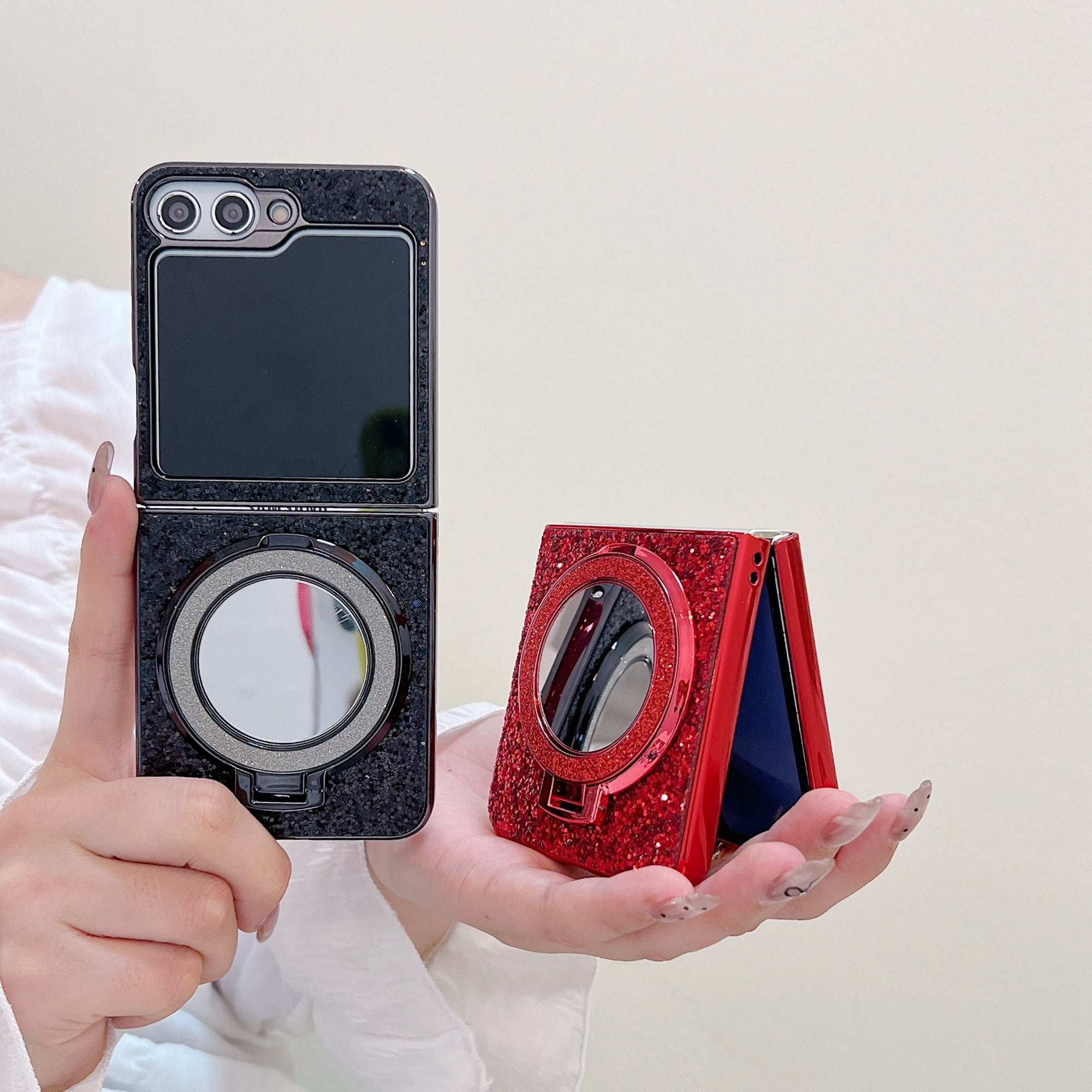For Samsung Galaxy Z Flip6 5G Case TPU+PC Kickstand Phone Cover with Mirror - Red