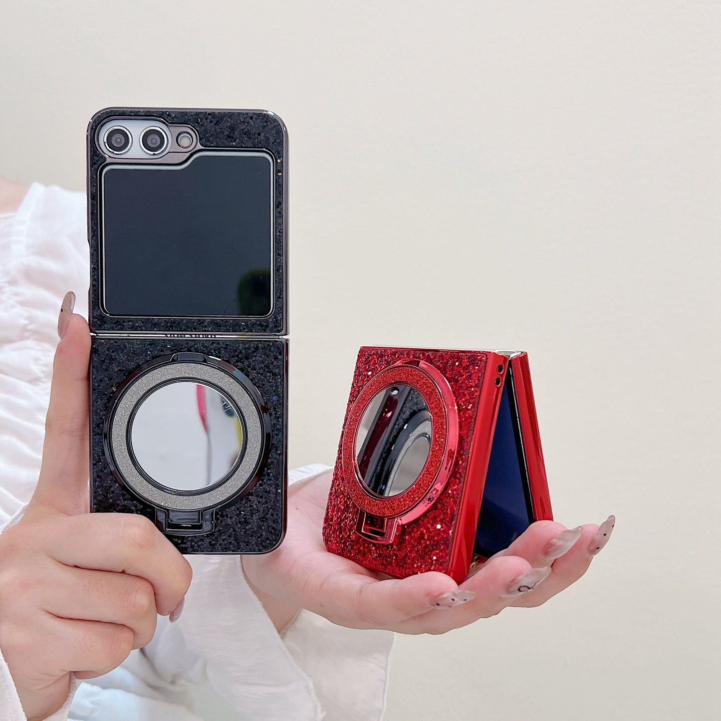 For Samsung Galaxy Z Flip6 5G Case TPU+PC Kickstand Phone Cover with Mirror - Red