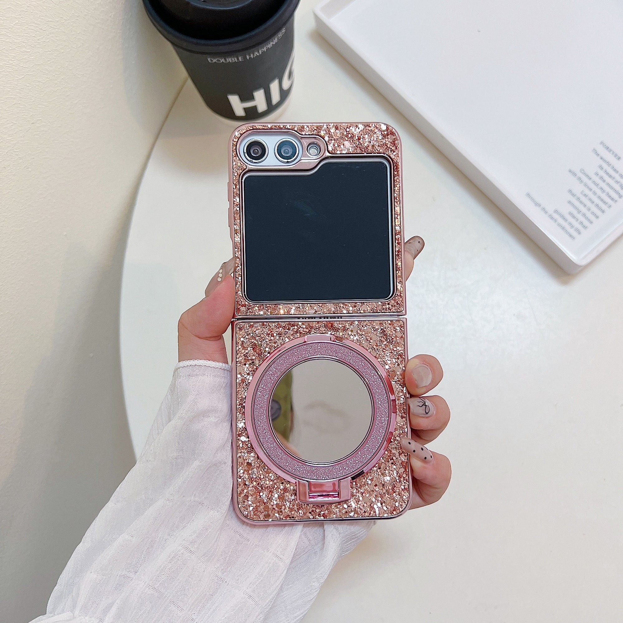 For Samsung Galaxy Z Flip6 5G Case TPU+PC Kickstand Phone Cover with Mirror - Rose Gold