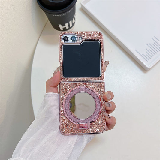 For Samsung Galaxy Z Flip7 FE 5G / Z Flip6 5G Case TPU+PC Kickstand Phone Cover with Mirror - Rose Gold