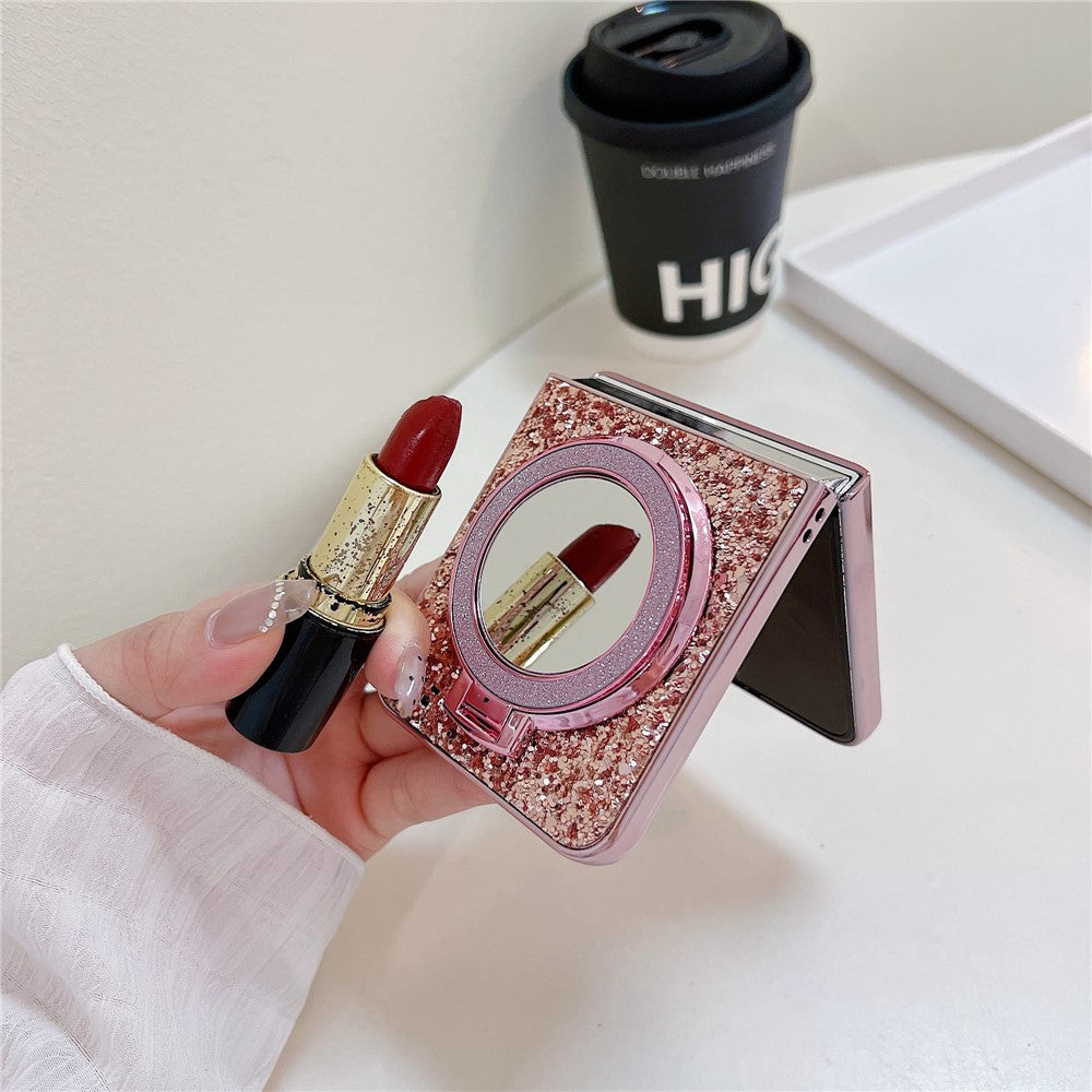 For Samsung Galaxy Z Flip7 FE 5G / Z Flip6 5G Case TPU+PC Kickstand Phone Cover with Mirror - Rose Gold