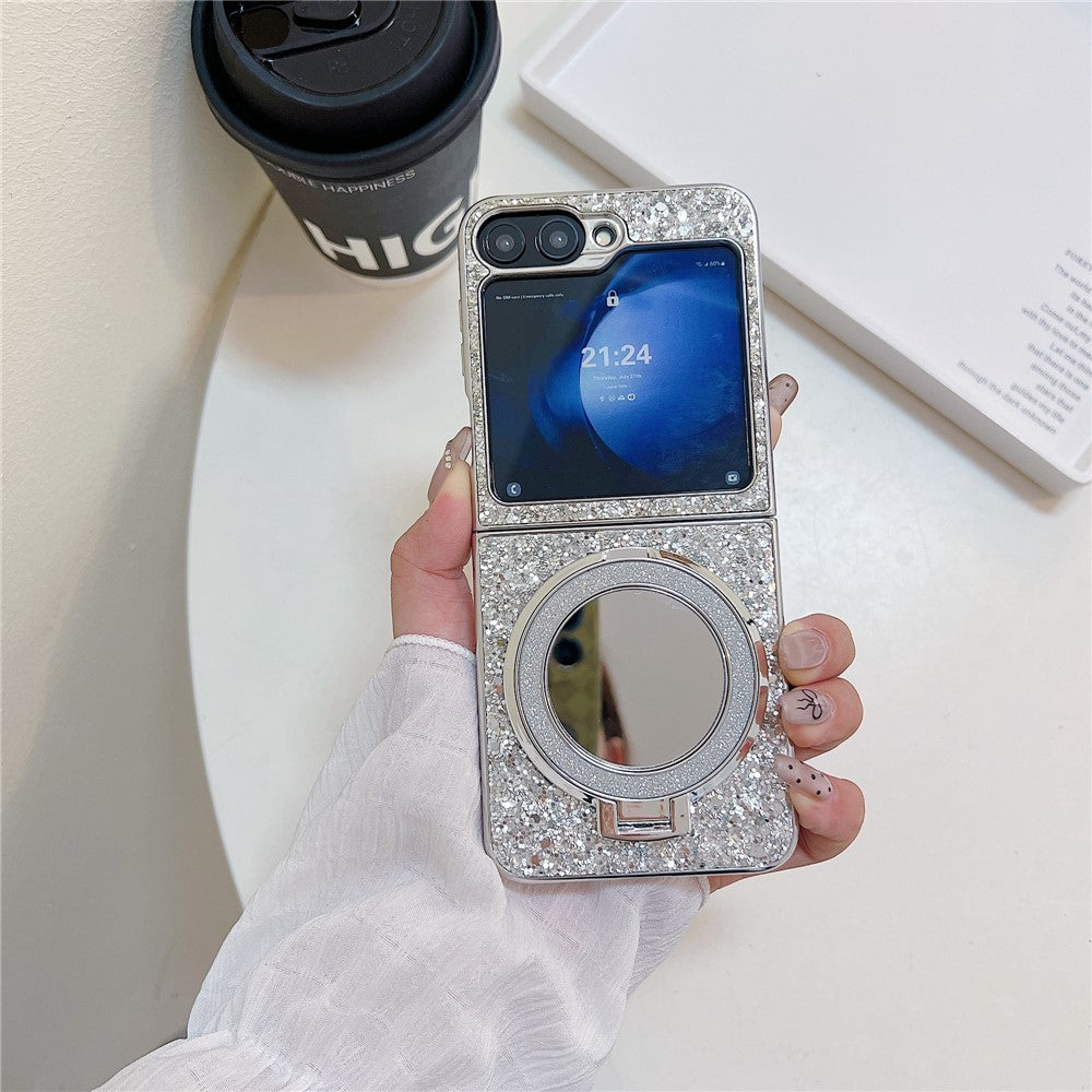 For Samsung Galaxy Z Flip7 FE 5G / Z Flip6 5G Case TPU+PC Kickstand Phone Cover with Mirror - Silver