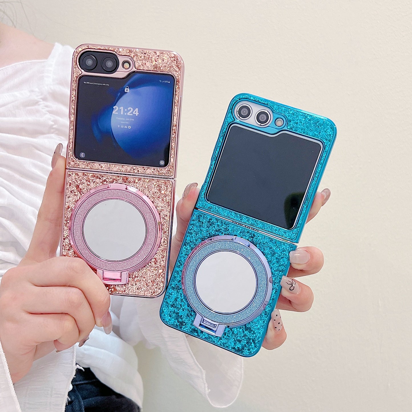 For Samsung Galaxy Z Flip6 5G Case TPU+PC Kickstand Phone Cover with Mirror - Silver