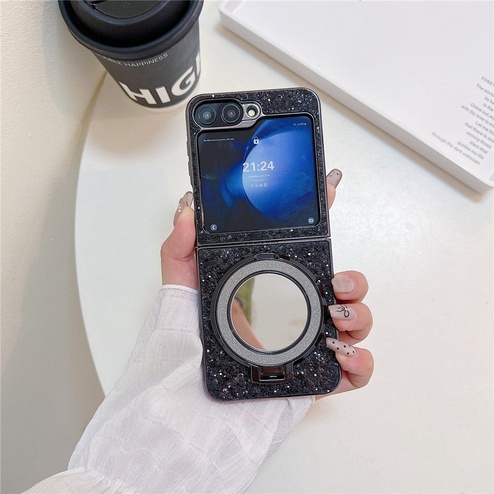 For Samsung Galaxy Z Flip7 FE 5G / Z Flip6 5G Case TPU+PC Kickstand Phone Cover with Mirror - Black