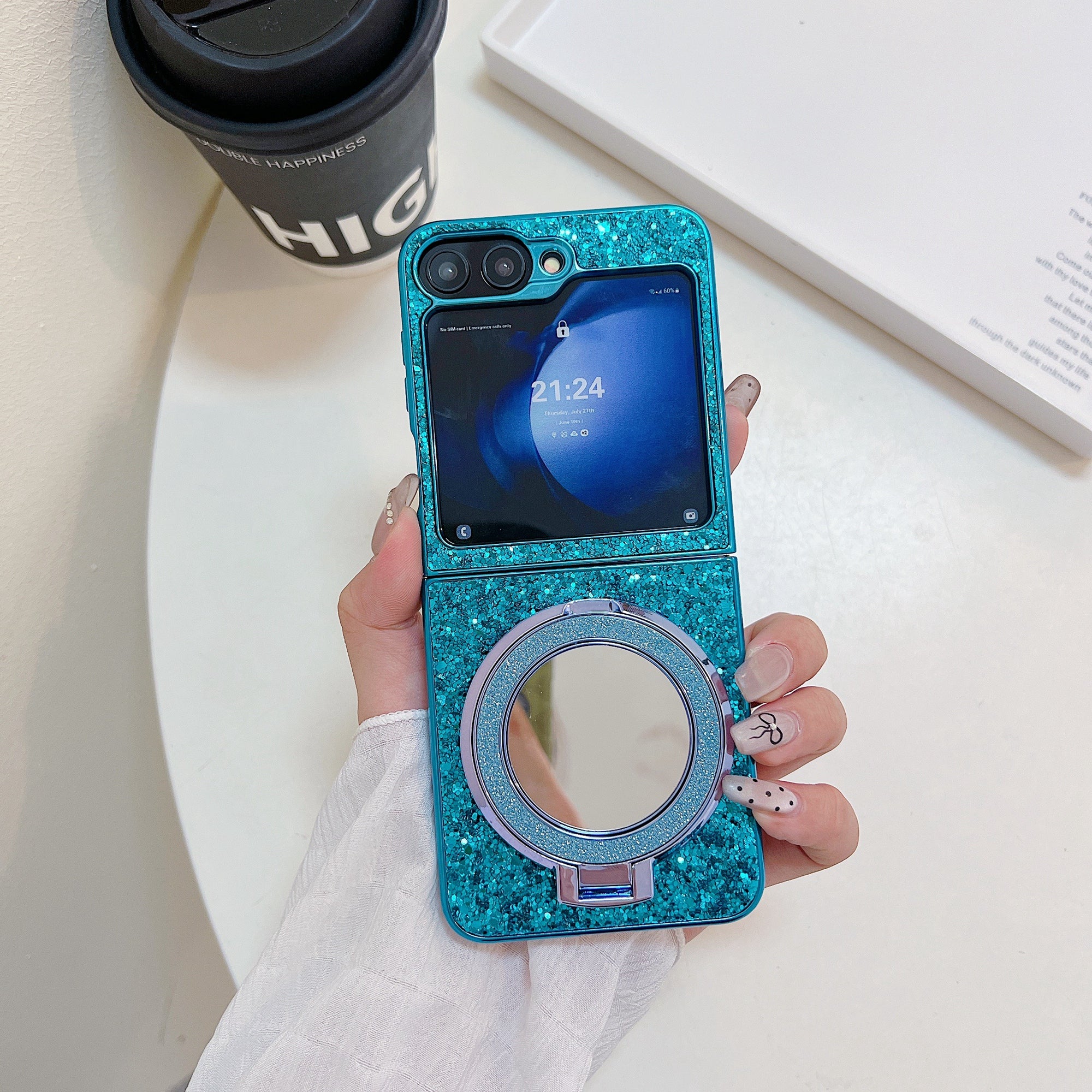 For Samsung Galaxy Z Flip6 5G Case TPU+PC Kickstand Phone Cover with Mirror - Blue