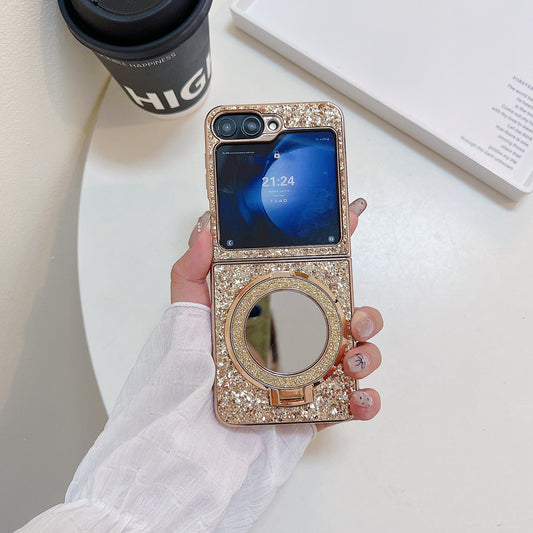 For Samsung Galaxy Z Flip6 5G Case TPU+PC Kickstand Phone Cover with Mirror - Gold