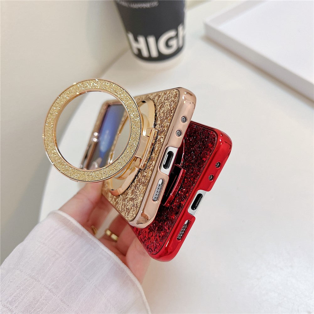 For Samsung Galaxy Z Flip7 FE 5G / Z Flip6 5G Case TPU+PC Kickstand Phone Cover with Mirror - Gold