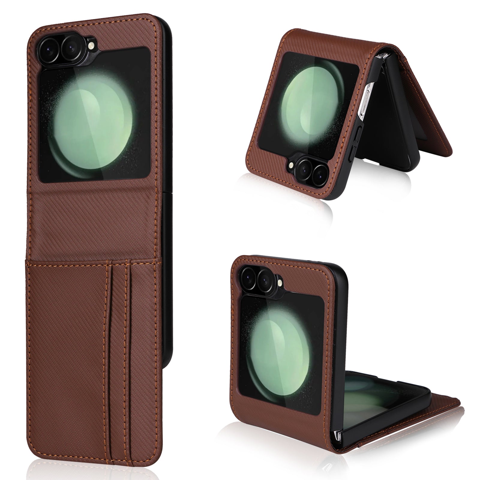 For Samsung Galaxy Z Flip6 5G PU Leather+PC Phone Case Card Holder Mobile Phone Cover - Brown