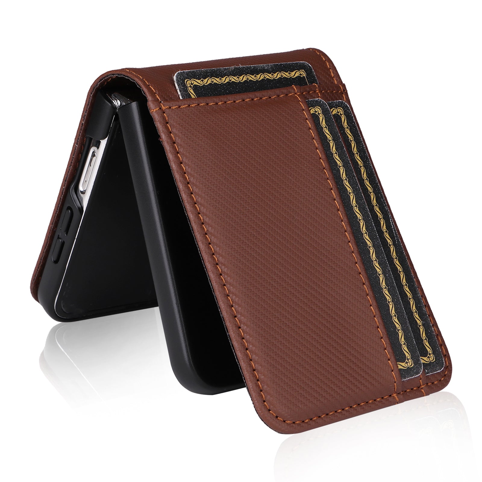 For Samsung Galaxy Z Flip6 5G PU Leather+PC Phone Case Card Holder Mobile Phone Cover - Brown