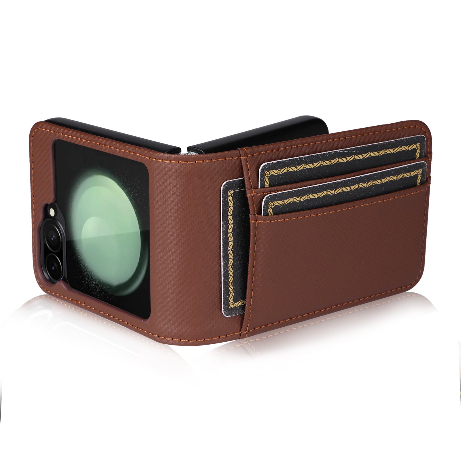 For Samsung Galaxy Z Flip6 5G PU Leather+PC Phone Case Card Holder Mobile Phone Cover - Brown