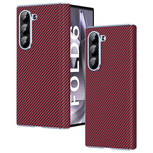 For Samsung Galaxy Z Fold6 5G Phone Case Electroplating Lens Carbon Fiber Texture PC Cover - Red