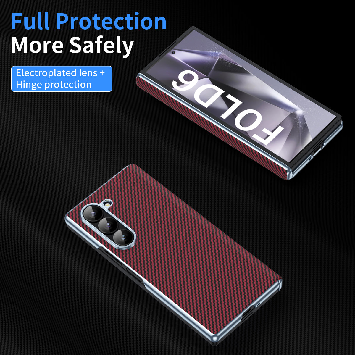 For Samsung Galaxy Z Fold6 5G Phone Case Electroplating Lens Carbon Fiber Texture PC Cover - Red