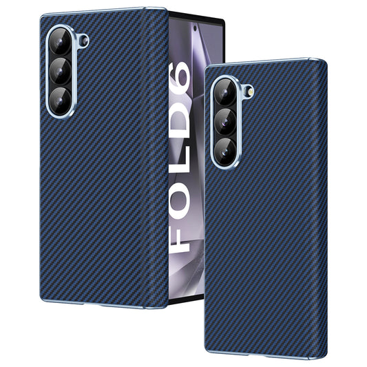 For Samsung Galaxy Z Fold6 5G Phone Case Electroplating Lens Carbon Fiber Texture PC Cover - Blue