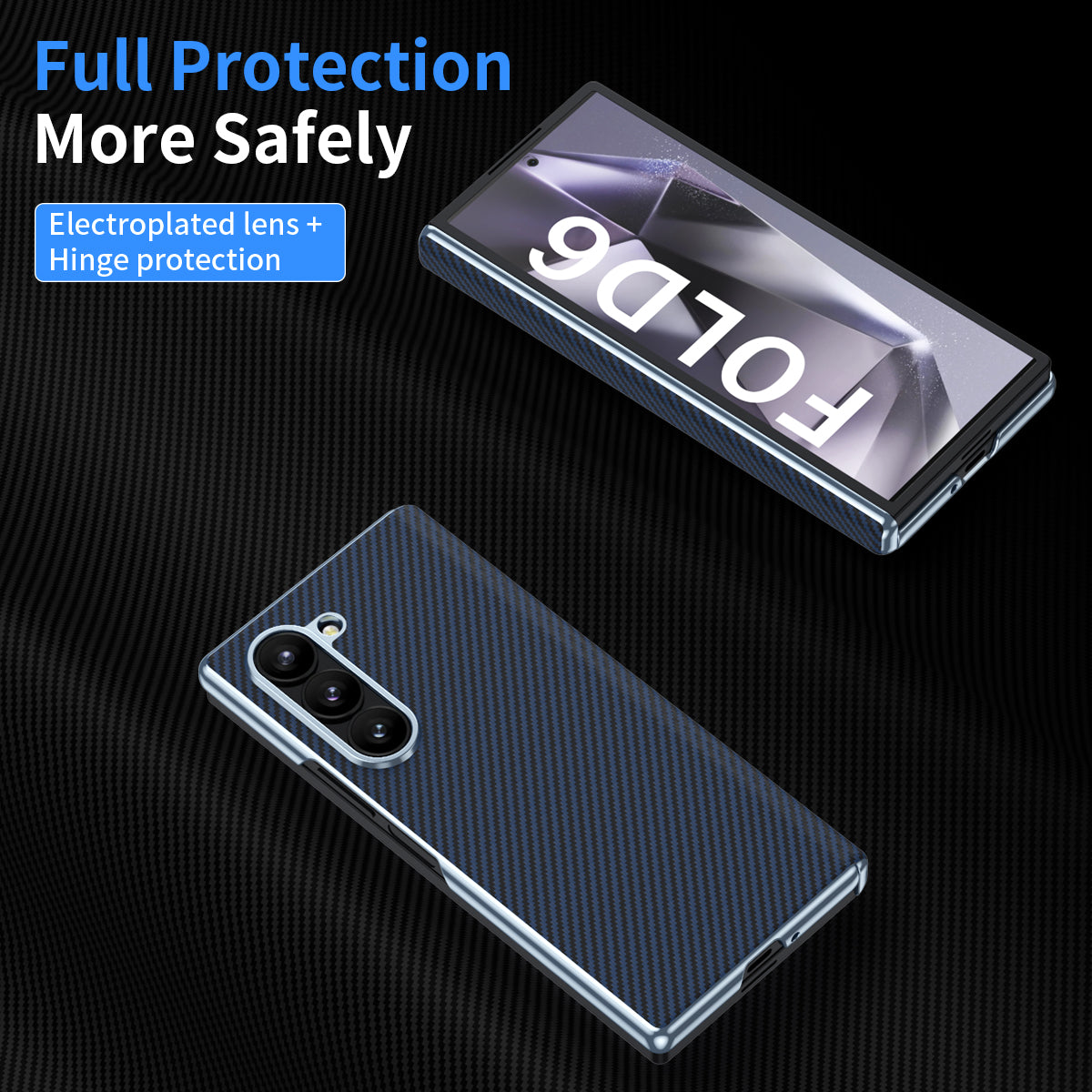 For Samsung Galaxy Z Fold6 5G Phone Case Electroplating Lens Carbon Fiber Texture PC Cover - Blue