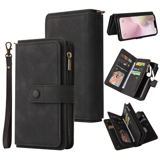 For iPhone 16e Case Zipper Wallet Leather Stand Cell Phone Cover - Black