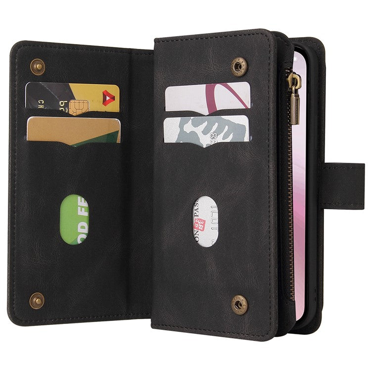 For iPhone 16e Case Zipper Wallet Leather Stand Cell Phone Cover - Black