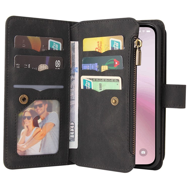 For iPhone 16e Case Zipper Wallet Leather Stand Cell Phone Cover - Black