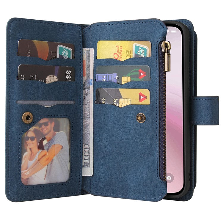 For iPhone 16e Case Zipper Wallet Leather Stand Cell Phone Cover - Blue