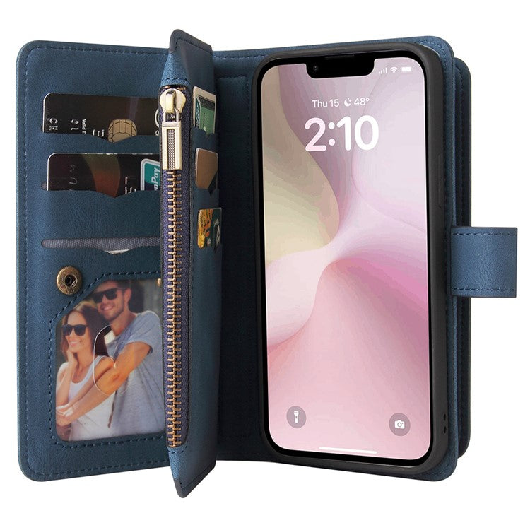 For iPhone 16e Case Zipper Wallet Leather Stand Cell Phone Cover - Blue