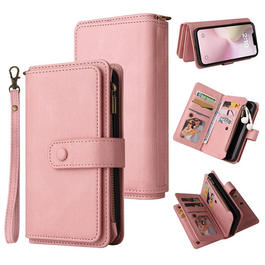 For iPhone 16e Case Zipper Wallet Leather Stand Cell Phone Cover - Pink