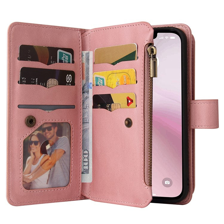 For iPhone 16e Case Zipper Wallet Leather Stand Cell Phone Cover - Pink