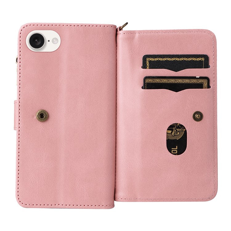 For iPhone 16e Case Zipper Wallet Leather Stand Cell Phone Cover - Pink
