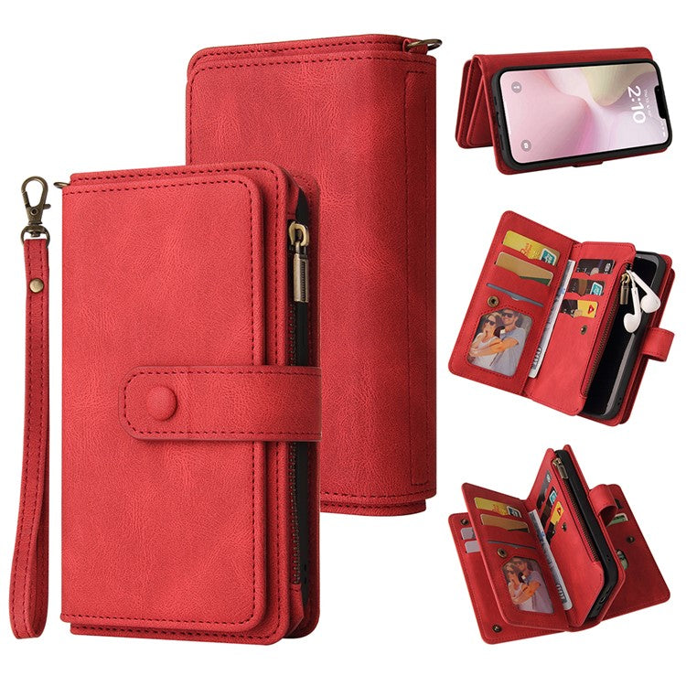 For iPhone 16e Case Zipper Wallet Leather Stand Cell Phone Cover - Red