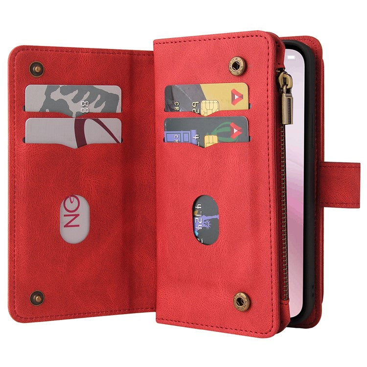 For iPhone 16e Case Zipper Wallet Leather Stand Cell Phone Cover - Red