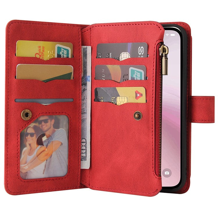 For iPhone 16e Case Zipper Wallet Leather Stand Cell Phone Cover - Red
