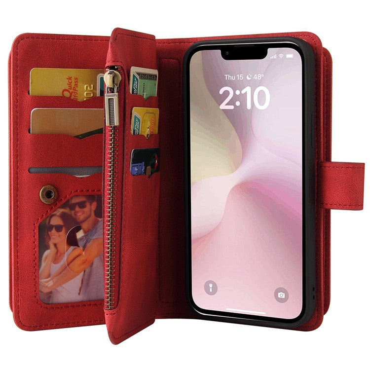 For iPhone 16e Case Zipper Wallet Leather Stand Cell Phone Cover - Red