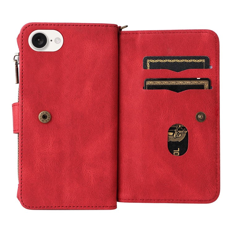 For iPhone 16e Case Zipper Wallet Leather Stand Cell Phone Cover - Red