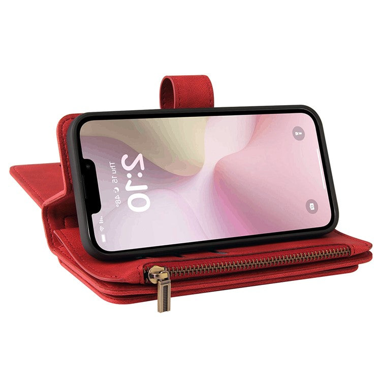 For iPhone 16e Case Zipper Wallet Leather Stand Cell Phone Cover - Red