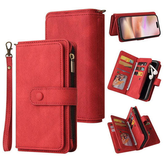 KT Multi-Functional Series-2 For iPhone 16 Plus Case Anti-drop Zipper Pocket Leather Wallet Phone Cover - Red