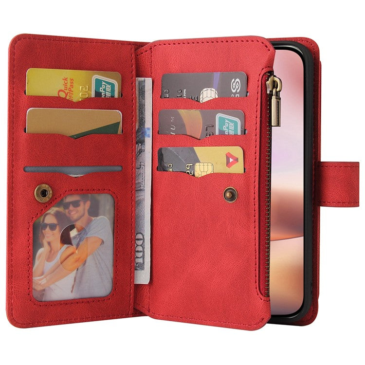 KT Multi-Functional Series-2 For iPhone 16 Plus Case Anti-drop Zipper Pocket Leather Wallet Phone Cover - Red