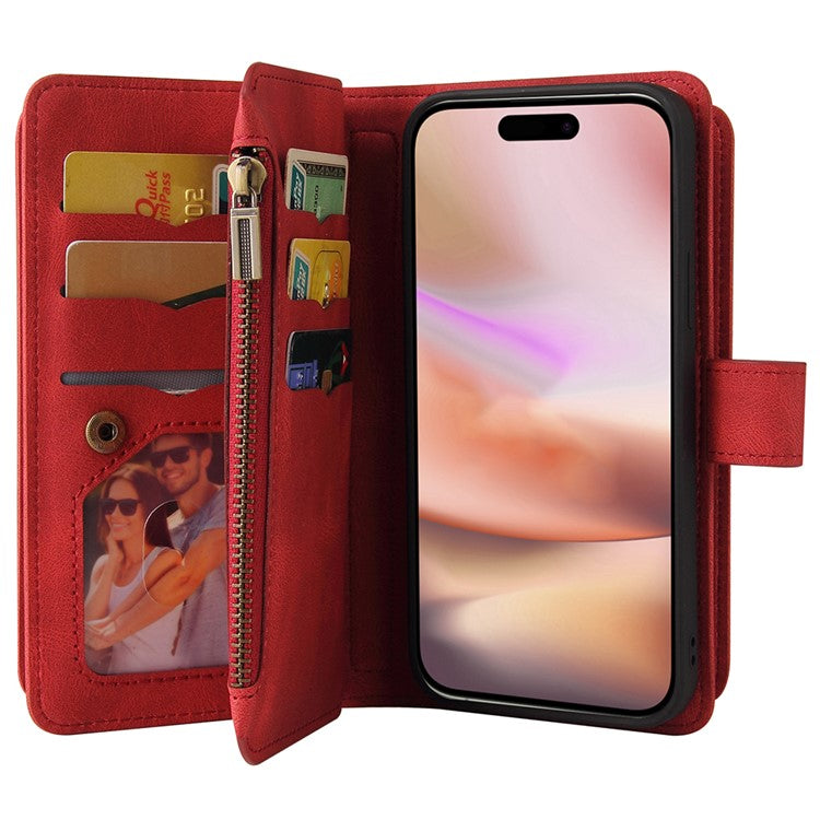 KT Multi-Functional Series-2 For iPhone 16 Plus Case Anti-drop Zipper Pocket Leather Wallet Phone Cover - Red