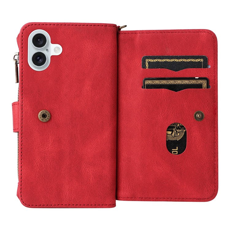 KT Multi-Functional Series-2 For iPhone 16 Plus Case Anti-drop Zipper Pocket Leather Wallet Phone Cover - Red