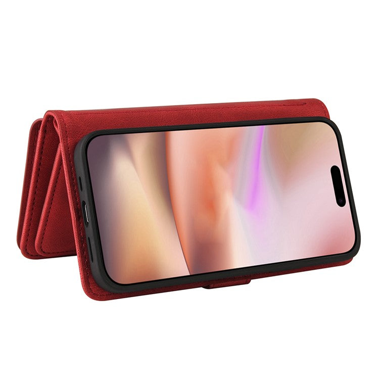 KT Multi-Functional Series-2 For iPhone 16 Plus Case Anti-drop Zipper Pocket Leather Wallet Phone Cover - Red
