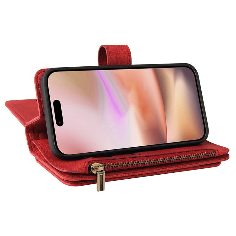 KT Multi-Functional Series-2 For iPhone 16 Plus Case Anti-drop Zipper Pocket Leather Wallet Phone Cover - Red