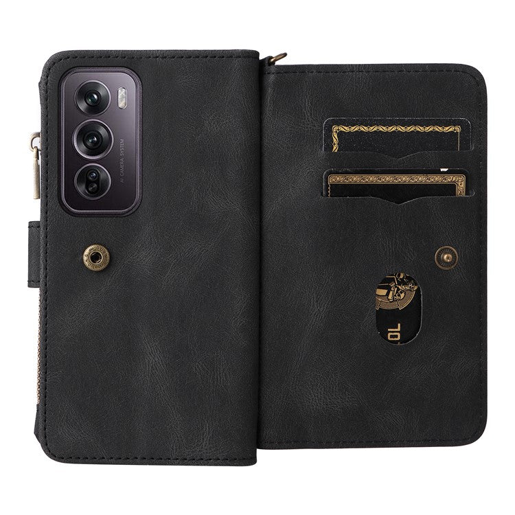 KT Multi-Functional Series-2 For Oppo Reno12 Pro 5G (Global) / (China) Phone Case Zipper Wallet Leather Protective Cover - Black