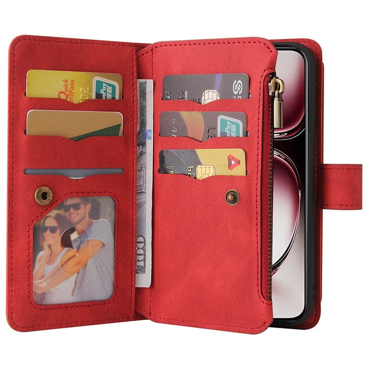KT Multi-Functional Series-2 For Oppo Reno12 Pro 5G (Global) / (China) Phone Case Zipper Wallet Leather Protective Cover - Red