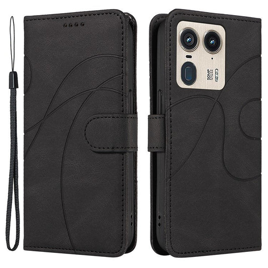 For Motorola Moto X50 Ultra 5G / Edge 50 Ultra 5G Case Curved Line Imprinted Leather Wallet Cover - Black