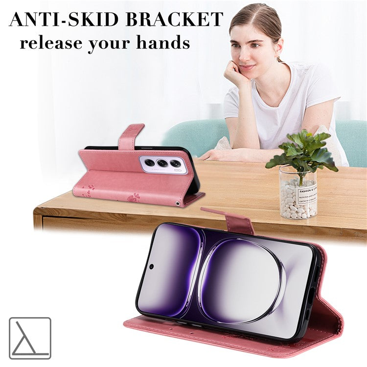 KT Imprinting Flower Series-3 For Oppo Reno12 5G (Global) Phone Case Imprinted Leather Wallet Cover - Pink